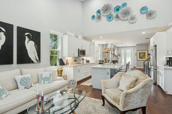 Dining room, Interior, Kitchen, Living room, Pendant Lights, Recessed Lighting, Stainless Steel Appliances, Wood Texture Flooring