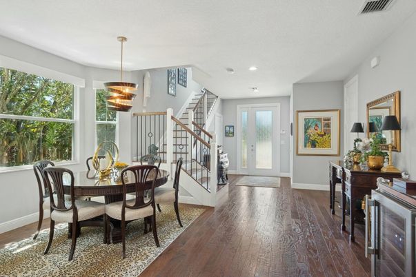 Dining room, Interior, Pendant Lights, Recessed Lighting, Wood Texture Flooring