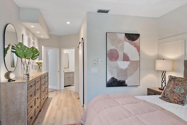 Bedroom, Interior, Recessed Lighting, Wood Texture Flooring