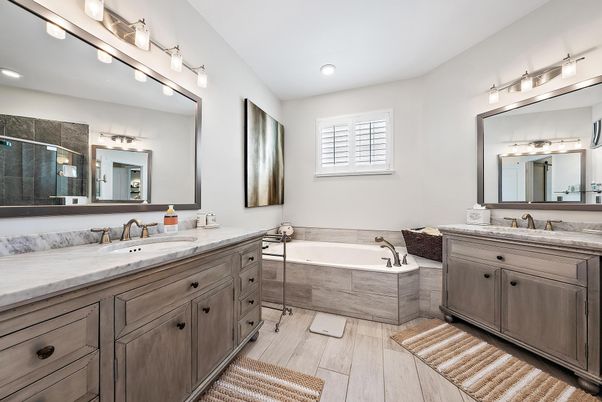 Bathroom, Dual Sink Vanities, Interior, Recessed Lighting, Wood Texture Flooring