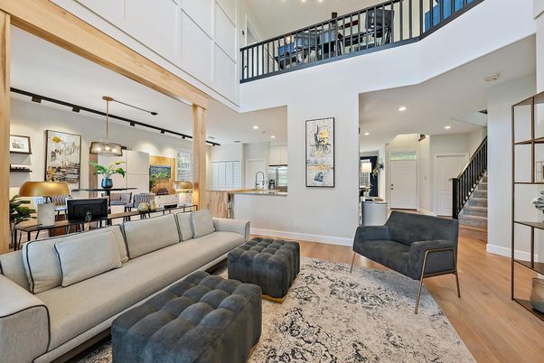 Dining room, Interior, Living room, Pendant Lights, Recessed Lighting, Wood Texture Flooring