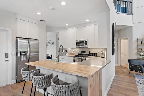 Interior, Kitchen, Recessed Lighting, Stainless Steel Appliances, Wood Texture Flooring