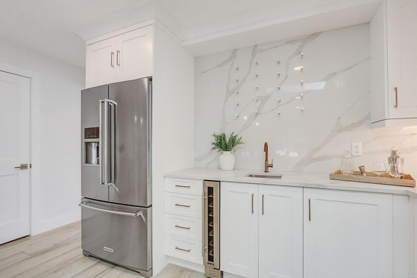Interior, Kitchen, Marble Walls, Stainless Steel Appliances, Wood Texture Flooring