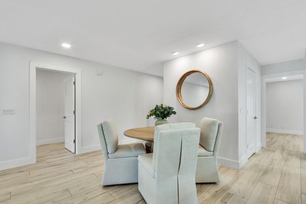 Dining room, Interior, Recessed Lighting, Wood Texture Flooring