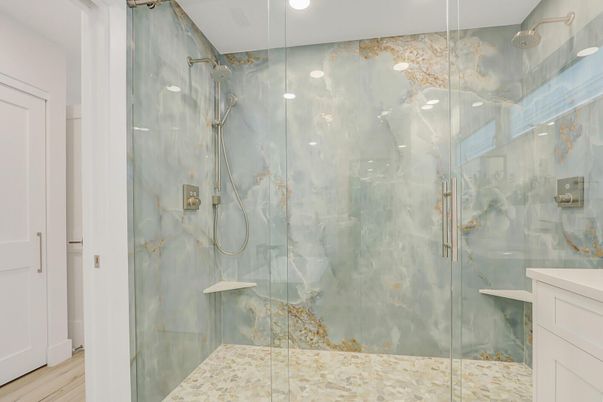 Bathroom, Glass Shower, Interior, Marble Walls, Recessed Lighting, Wood Texture Flooring