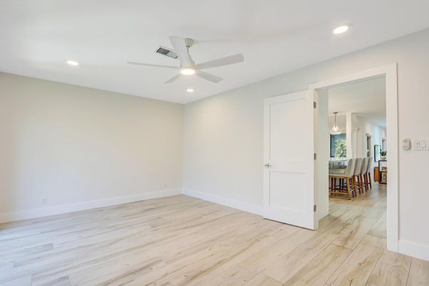 Dining room, Empty room, Interior, Recessed Lighting, Wood Texture Flooring