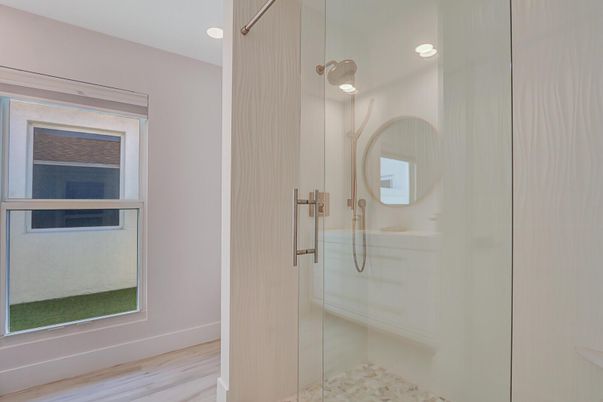 Bathroom, Glass Shower, Interior, Wood Texture Flooring