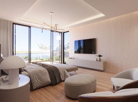 Bedroom, Interior, Pendant Lights, Water, Wood Texture Flooring