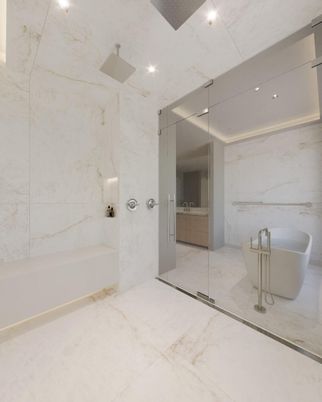 Bathroom, Free Standing Baths, Interior, Marble, Marble Walls, Recessed Lighting