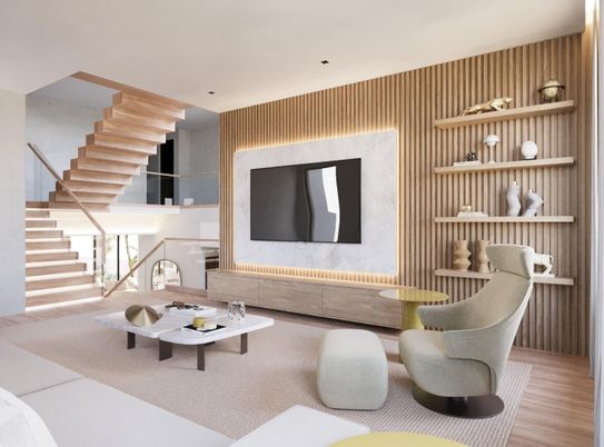 Interior, Living room, Recessed Lighting, Wood Texture Flooring