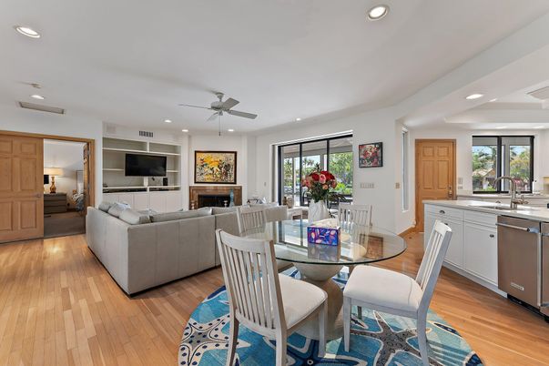 Dining room, Fireplace, Interior, Kitchen, Living room, Recessed Lighting, Wood Texture Flooring