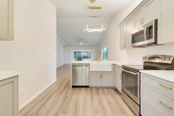 Interior, Kitchen, Pendant Lights, Stainless Steel Appliances, Wood Texture Flooring