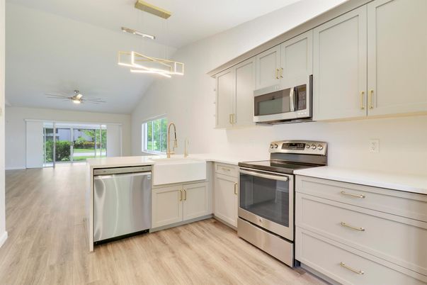 Interior, Kitchen, Pendant Lights, Stainless Steel Appliances, Wood Texture Flooring