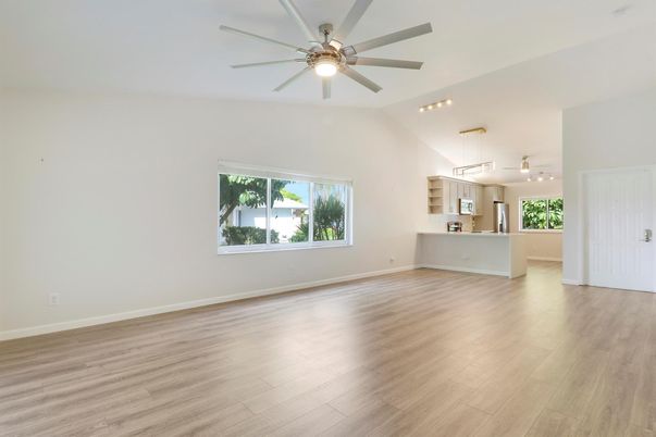 Empty room, Interior, Kitchen, Pendant Lights, Wood Texture Flooring