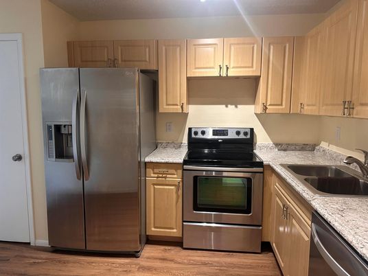 Interior, Kitchen, Stainless Steel Appliances, Wood Texture Flooring