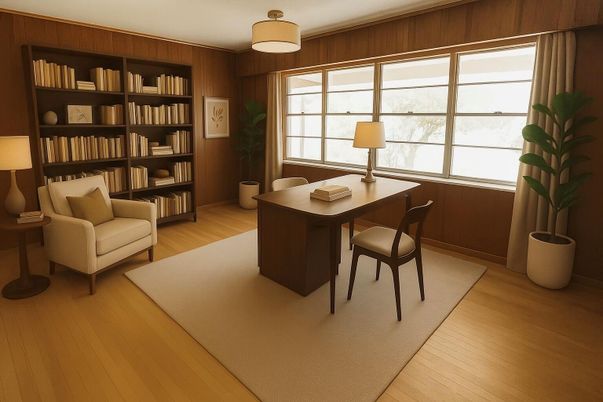 Home Office, Interior, Wood Texture Flooring, Wooden Walls