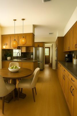Dining room, Interior, Kitchen, Pendant Lights, Stainless Steel Appliances, Wood Texture Flooring