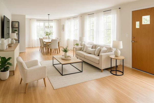 Dining room, Interior, Living room, Pendant Lights, Wood Texture Flooring