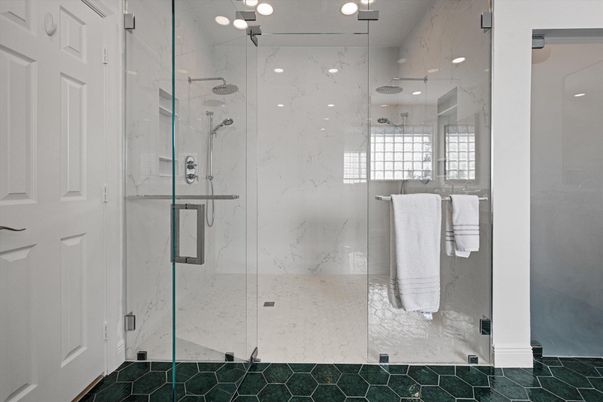 Bathroom, Glass Shower, Interior, Marble Walls, Recessed Lighting