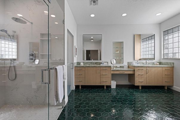 Bathroom, Dual Sink Vanities, Glass Shower, Interior, Recessed Lighting