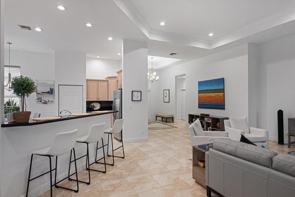 Chandelier, Fireplace, Interior, Kitchen, Living room, Pendant Lights, Recessed Lighting