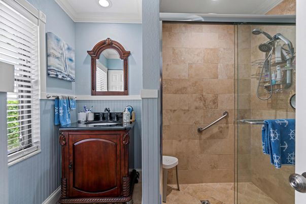 Bathroom, Glass Shower, Interior, Recessed Lighting, Stone Walls
