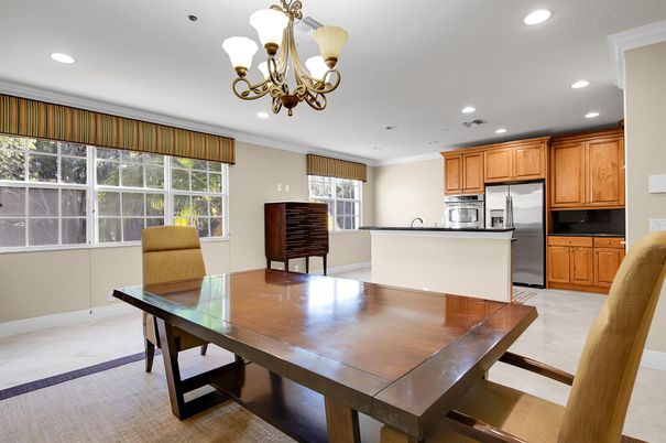 Chandelier, Dining room, Interior, Kitchen, Recessed Lighting, Stainless Steel Appliances