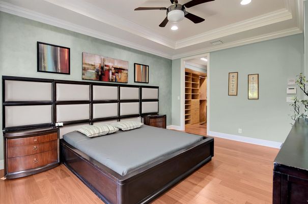 Bedroom, Interior, Recessed Lighting, Wood Texture Flooring