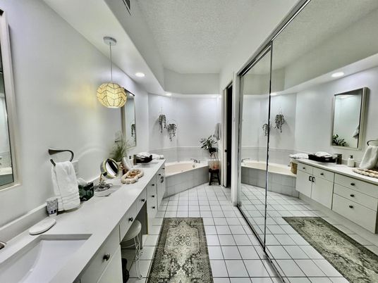 Bathroom, Dual Sink Vanities, Glass Shower, Interior, Pendant Lights, Recessed Lighting