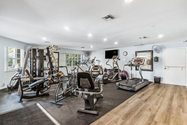 Fitness Equipment, Gym, Interior, Recessed Lighting, Wood Texture Flooring