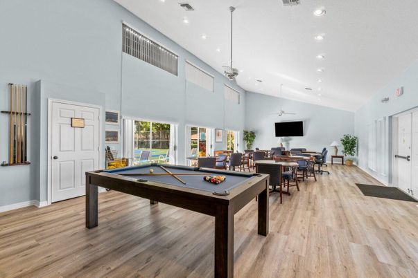 Billiard Table, Dining room, Game Room, Interior, Pendant Lights, Recessed Lighting, Wood Texture Flooring