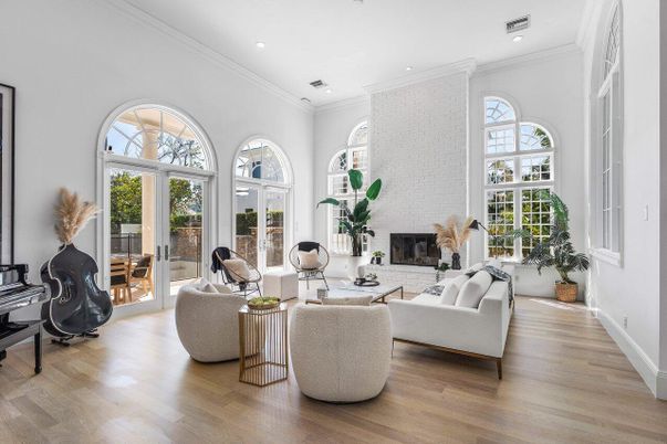 Fireplace, Interior, Living room, Piano, Recessed Lighting, Stone Walls, Wood Texture Flooring