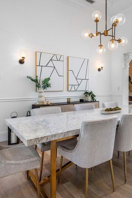 Dining room, Interior, Pendant Lights, Wood Texture Flooring