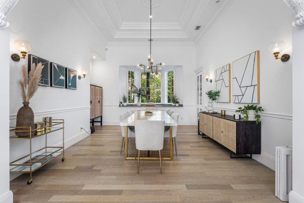Dining room, Interior, Pendant Lights, Recessed Lighting, Wood Texture Flooring