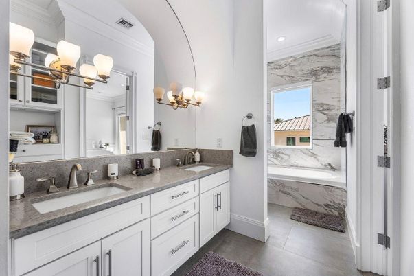 Bathroom, Dual Sink Vanities, Interior, Marble Walls, Recessed Lighting
