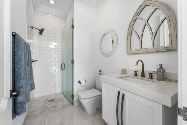 Bathroom, Glass Shower, Interior, Marble, Recessed Lighting