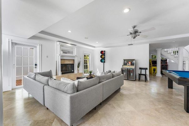 Billiard Table, Fireplace, Game Room, Interior, Living room, Recessed Lighting