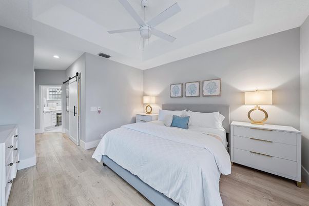 Bedroom, Interior, Recessed Lighting, Wood Texture Flooring