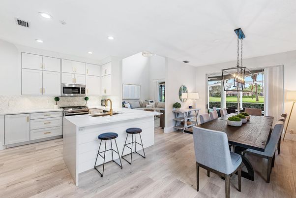 Dining room, Interior, Kitchen, Living room, Pendant Lights, Recessed Lighting, Stainless Steel Appliances, Wood Texture Flooring