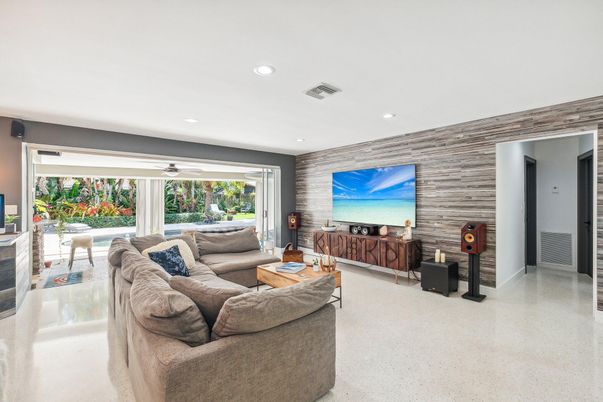 Interior, Living room, Recessed Lighting, Stone Walls