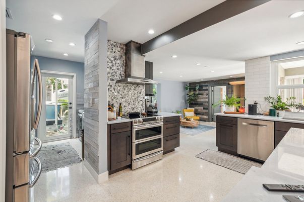 Interior, Kitchen, Recessed Lighting, Stainless Steel Appliances, Stone Walls