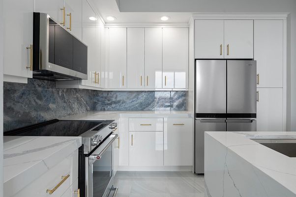 Interior, Kitchen, Marble, Marble Walls, Recessed Lighting, Stainless Steel Appliances