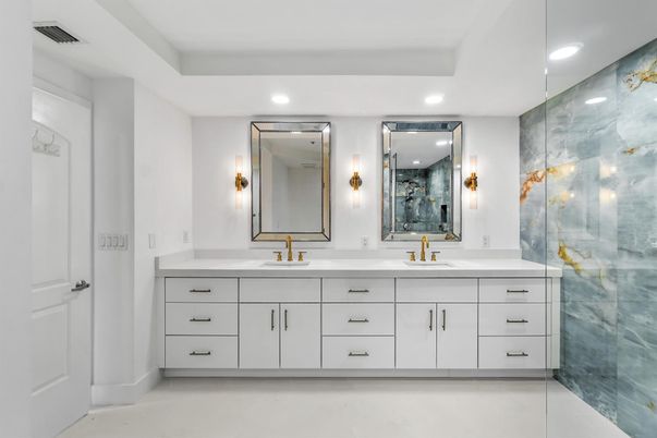 Bathroom, Dual Sink Vanities, Glass Shower, Interior, Marble Walls, Recessed Lighting