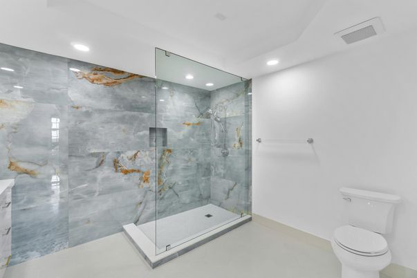 Bathroom, Glass Shower, Interior, Marble Walls, Recessed Lighting