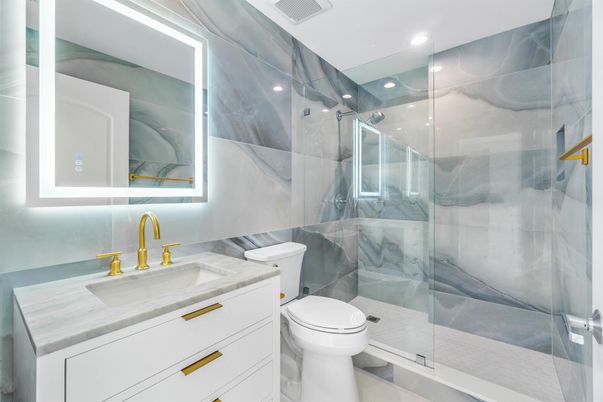 Bathroom, Glass Shower, Interior, Marble Walls, Recessed Lighting