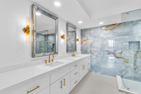 Bathroom, Dual Sink Vanities, Interior, Marble Walls, Recessed Lighting