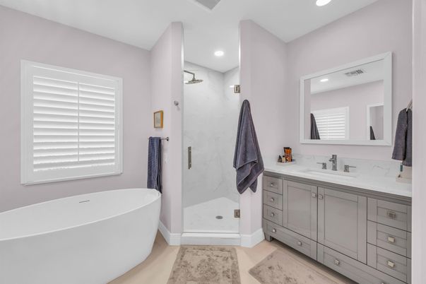 Bathroom, Free Standing Baths, Glass Shower, Interior, Recessed Lighting