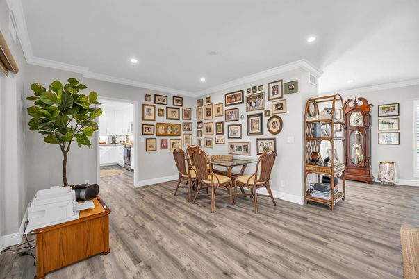 Dining room, Interior, Recessed Lighting, Wood Texture Flooring