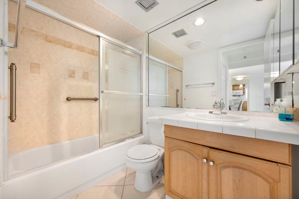 Bathroom, Glass Shower, Interior, Recessed Lighting, Tile Countertops