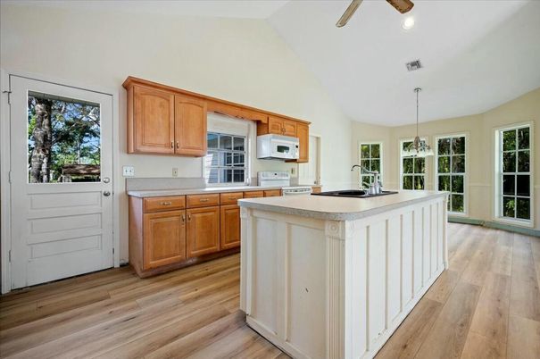 Interior, Kitchen, Pendant Lights, Recessed Lighting, Wood Texture Flooring